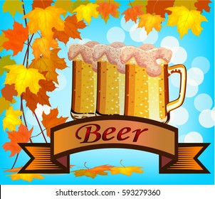 Vector illustration of beer against the backdrop of autumn foliage