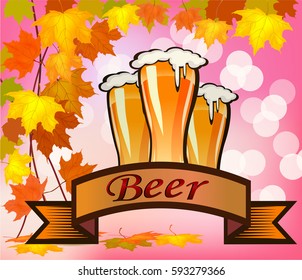 Vector illustration of beer against the backdrop of autumn foliage