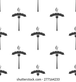 Vector illustration of beer appetizer icon. Sausage and fork on white background. Seamless pattern.