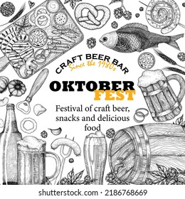 Vector illustration of beer banner template in engraving style. Graphic linear cups and glasses of beer, hops, spikelets, pretzel, sausages, snacks, fish, sausages, chips, bottle, wooden barrel