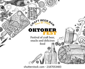 Vector illustration of beer banner template in engraving style. Graphic linear cups and glasses of beer, hops, spikelets, pretzel, sausages, snacks, fish, sausages, chips, bottle, barrel