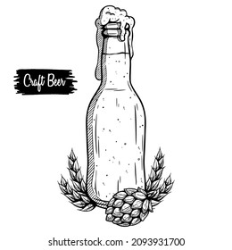 Ilustración vectorial de la botella de cerveza con espuma, cono de lúpulo y oreja de trigo en estilo dibujado a mano con tinta. aislado en fondo blanco