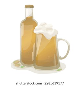 Ilustración de vectores, botella de cerveza, cerveza de espuma y pistacho