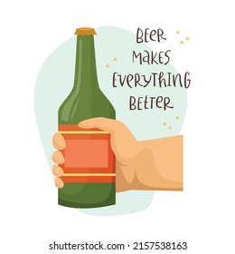 Vector illustration of a beer bottle in hand and lettering. Alcoholic beverages.