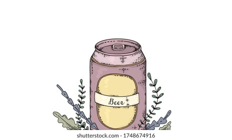 Vector Illustration of Beer bottle with ornament with herbs