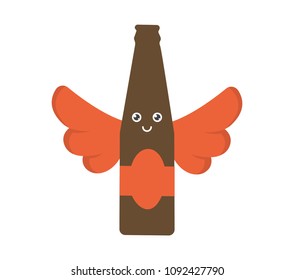 Vector illustration of Beer Bottle with Wings. Flying Beer Concept. Beer Character