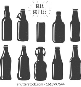 Vector illustration of beer bottles silhouette set. Different jar styles. Simple, can, wide, with handle. Good for logo making. Vintage hand drawn style.