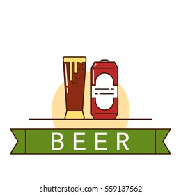 Vector illustration of the beer can and bottle on white background with lettering.  Alcohol drinks and beverages topic. 