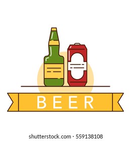 Vector illustration of the beer can and bottle on white background with lettering.  Alcohol drinks and beverages topic. 