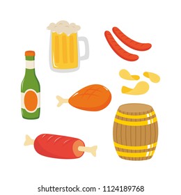 Vector illustration of beer, chicken, sausage, meat and chips 
