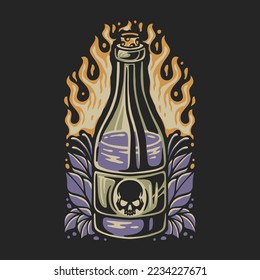 vector illustration beer drink with a skull logo and some flowers around it on a fire background for t shirt design
