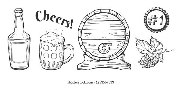 Vector illustration of beer emblems, labels set. Pub, craft, brewery, cheers. Barrel, bottle, lid, hop, stein drawings. Hand drawn outline sketch style.