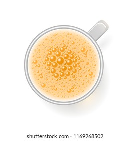 Vector illustration. Beer with foam in a mug. Top view. Drink with foam in a mug. View from above.