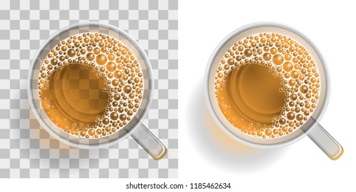 Vector illustration. Beer with foam in a mug on a transparent background. Top view. Drink with foam in a mug on a transparent background. View from above.