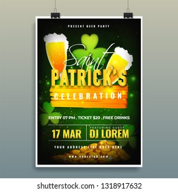 Vector illustration of beer glass and clover leaves for Saint Patrick's Day celebration template design.