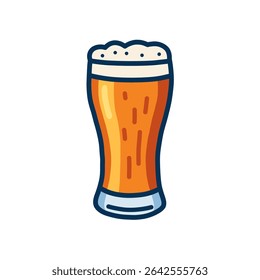 A vector illustration of a beer glass filled with amber liquid and a foamy head. The glass has a blue outline and is isolated on a white background.