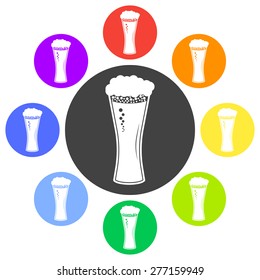 Vector illustration of beer in glass icon. Flat design style button. Circle.