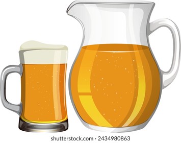 Ilustración vectorial de cerveza en un vaso y jarra.