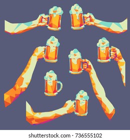 Vector illustration of beer glasses in hands. Colorful low poly pop art style.