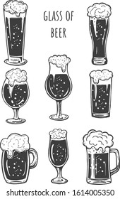 Vector illustration of beer glasses silhouette simple icons set. Stange, weizen, snifter, mug or stein, pint. Funny cartoon good for logo making. Vintage hand drawn style.