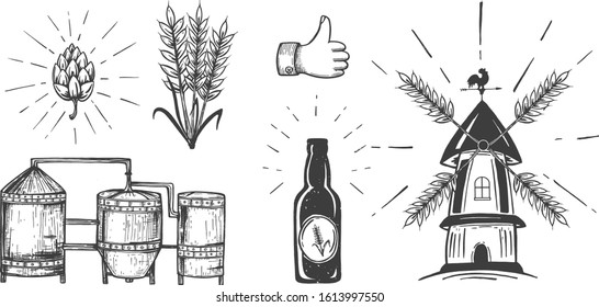 Vector illustration of beer icons set. Beer brewing process tanks, bottles, hops and wheat, windmill with crops blades. Thumbs up human hand gesture. Vintage hand drawn style.
