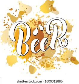Ilustración vectorial de la inscripción de cerveza para etiquetas de botellas, banner, tarjeta de saludo, anuncio, afiche, invitación, señalización de tienda, diseño web o impresión. Texto escrito a mano para el festival de la cerveza 
