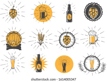 Vector illustration of beer logo making kit. Hops, mug or stein, bottle, cap, wheat crops, barrel with tap, weizen glass. Glow rays and yellow accents. Vintage hand drawn style.