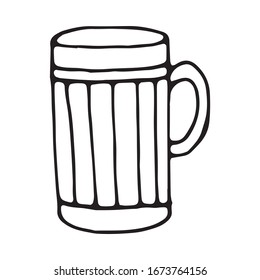 Vector illustration of beer mug. Black outlines isolated on white background. Doodle style. Design for greeting cards, gifts, wrapping paper, kitchen design, cafe restaurant or bar design etc.