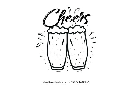 Vector illustration of a beer mug.  Cheers lettering phrase. Design for banner, poster, greeting card, web, party invitation.