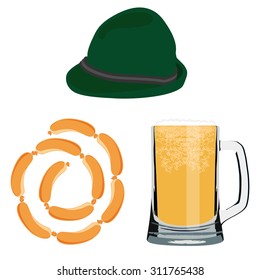 Vector illustration beer mug with cold beer, green tyrolean hat and sausage chain. Bavarian beer menu. Oktoberfest symbols