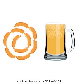 Vector illustration of beer mug with cold beer and sausage chain. Bavarian beer menu. Oktoberfest symbols