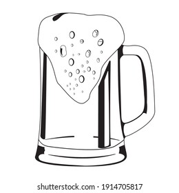 Vector illustration of a beer mug with foam. A black-and-white image of a doodle-style beer mug. Isolated picture drawn with lines