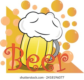 Vector and illustration beer mug with foam, bubbles and beer sign