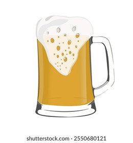 Ilustración vectorial de taza de cerveza con espuma y burbujas. Imagen de bebida alcohólica de malta y cebada aislada sobre fondo blanco. Tarjeta para invitaciones. Icono para bar y pubs.