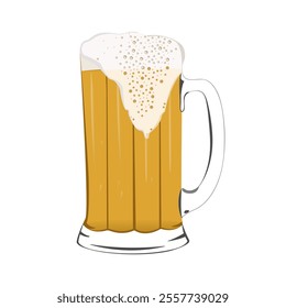 Vector illustration of a beer mug with foam. Image of an alcoholic drink made from malt and barley isolated on a white background. Icon for a bar and pubs.