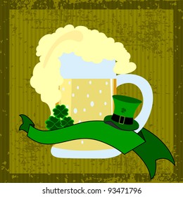 Vector illustration of a beer mug with hats, clover and a ribbon for st. Patrick's day on the grungy background.