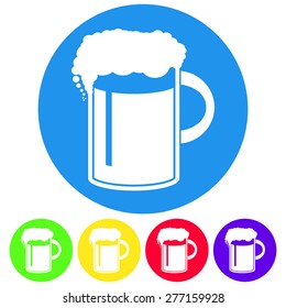 Vector illustration of beer in mug icon. Flat design style button. Circle.