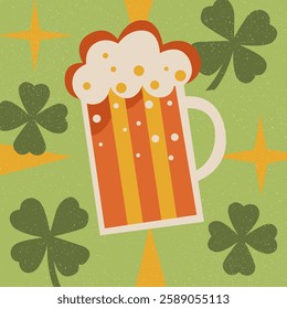 A vector illustration of a beer mug with a shamrock, featuring a flat design, a green background, and a 4-leaf clover pattern in the background. The illustration has a colorful, vintage style