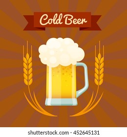 Vector illustration of a beer mug with wheat and ribbon with inscription "Cold beer", isolated on orange background.