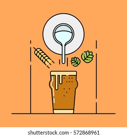 Vector illustration of a beer mug with wheat, malt and water around it on orange background.  Beer production and consumption topic. 