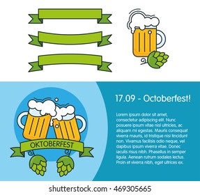 Vector illustration with beer mugs, banner ribbons, hop and elements. Oktoberfest celebration. Design for poster or beer label or web banner. Festival invitation or flyer template. Linear color style.