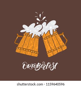Vector illustration with beer mugs and Octoberfest lettering . Hand drawn illustration with doodle beer mugs isolated on dark background.