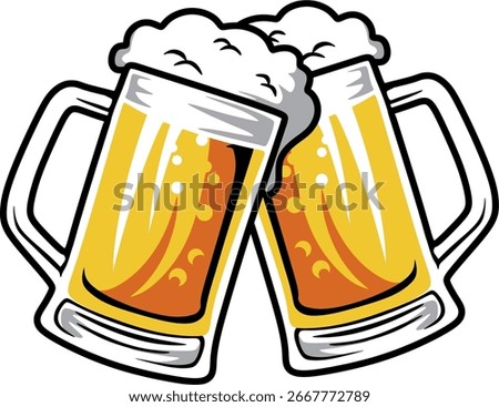 Vector illustration of beer mugs toasting — colored sketch of draft beer with foam