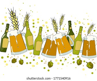 vector illustration from beer mugs,bottles,wheat spikelets and hop cones,against the background of splashes