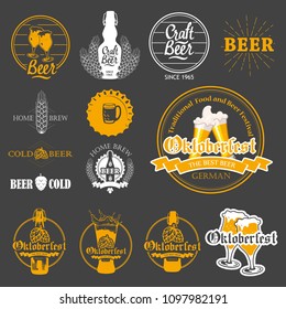 Vector Illustration with beer pub logo and labels. Simple symbols glass, bottle. Traditions of drink. Decorative elements for your design. Black white style.