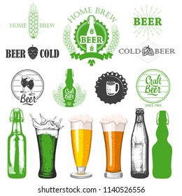 Vector Illustration with beer pub logo and labels. Simple symbols glass, bottle. Traditions of drink. Decorative elements for your design. Black white style.