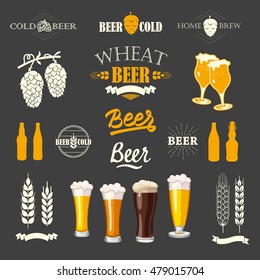 Vector Illustration with beer pub logo and labels. Simple symbols with glass and bottle. Traditions of drink. Decorative elements for your design. Black and white style.