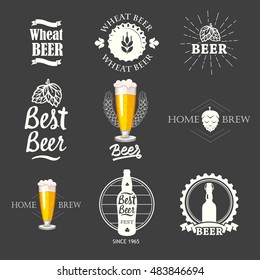 Ilustración vectorial con el logo y las etiquetas del pub cerveza. Símbolos simples con vidrio y botella. Tradiciones de bebida. Elementos decorativos para tu diseño. Estilo blanco y negro.