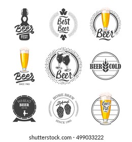 Vector Illustration with beer pub logo and labels. Simple symbols with glass and bottle. Traditions of drink. Decorative elements for your design. Black and white style.