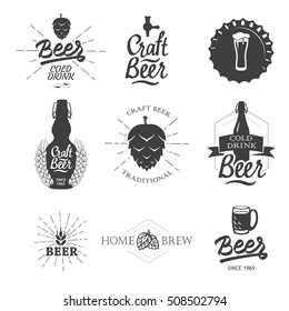 Vector Illustration with beer pub logo and labels. Simple symbols with glass and bottle. Traditions of drink. Decorative elements for your design. Black and white style.